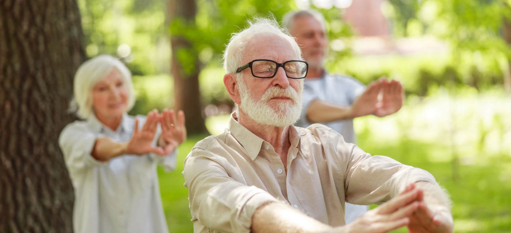 Old gentleman attending qigong class in the park stock photo